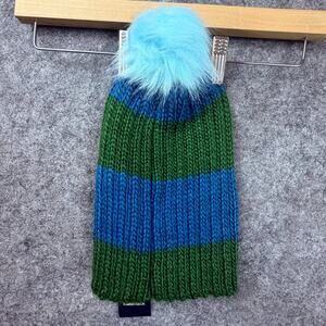 Hat Attack Knit Happy Stripes Beanie Hat Womens One Size‎ Blue Green Fur Pom Pom